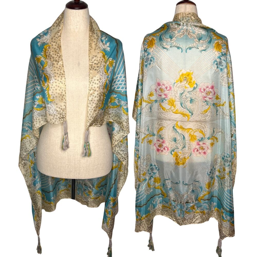 Johnny Was Silk Scarf Tassels Blue Floral Print Square Designer 42x42